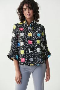 Joseph Ribkoff Black/Multi Printed Button-Down Jacket Style 221374