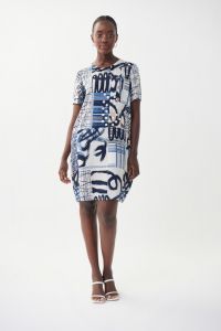 Joseph Ribkoff Vanilla/Midnight Blue Mixed Print Dress Style 222007-main