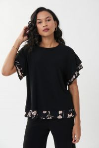 Joseph Ribkoff Black/Beige Top with Floral Ornaments Style 223118