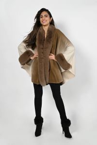 Frank Lyman Brown/Beige Knit Cape with Faux Fur Trims Style 223445U