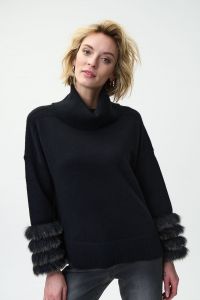 Joseph Ribkoff Black Sweater with Faux Fur Trims Style 224940