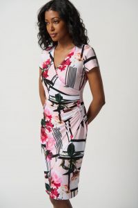 Joseph Ribkoff Vanilla/Multi Floral Print V-Neck Wrap Dress Style 231309