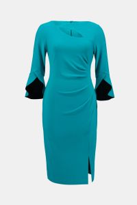 Joseph Ribkoff Ocean Blue/Black Silky Knit Tulip Sleeves Dress Style 231740