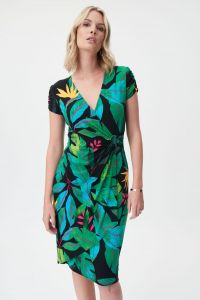 Joseph Ribkoff Black/Multi Tropical Print Knit Wrap Dress Style 232162