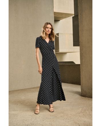 Joseph Ribkoff Black/Vanilla Dot Print Wrap Culotte Jumpsuit Style 251008