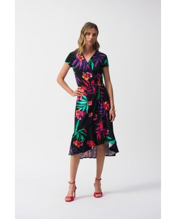 Joseph Ribkoff Black/Multi Silky Knit Tropical Print Wrap Dress Style 251011.