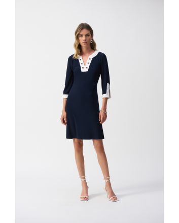 Joseph Ribkoff Midnight Blue/Vanilla Block A-Line Dress Style 251046