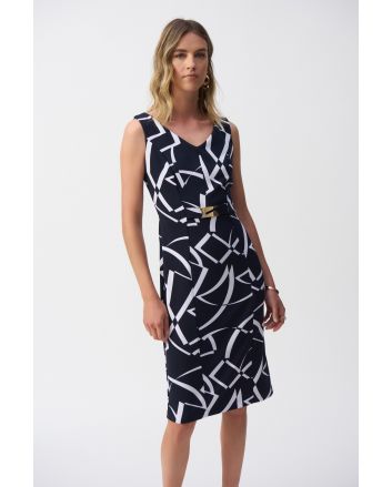 Joseph Ribkoff Midnight Blue/Vanilla Geometric Print Sheath Dress Style 251108