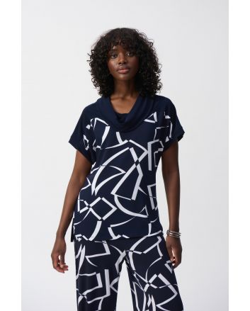 Joseph Ribkoff Midnight Blue/Vanilla Abstract Print Boxy Top Style 251110