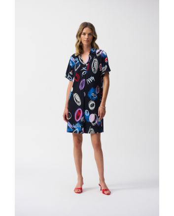 Joseph Ribkoff Midnight Blue/Multi Abstract Print A-Line Dress Style 251111