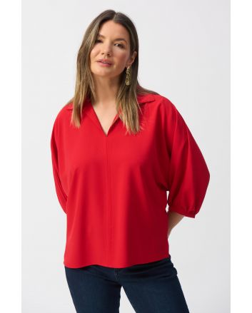 Joseph Ribkoff Radiant Red Boxy Top With Shirt Collar Style 241116