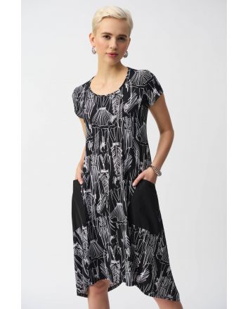 Joseph Ribkoff Black/Vanilla Conversasional Print Cocoon Dress Style 251140