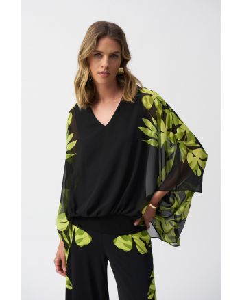 Joseph Ribkoff Black/Multi Chiffon And Silky Knit Floral Poncho Top Style 251147.