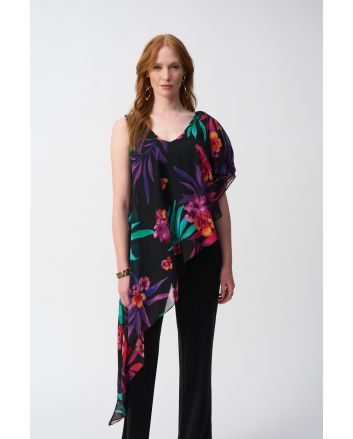 Joseph Ribkoff Black/Multi Silky Knit Jumpsuit With Tropical Chiffon Overlay Style 251152.