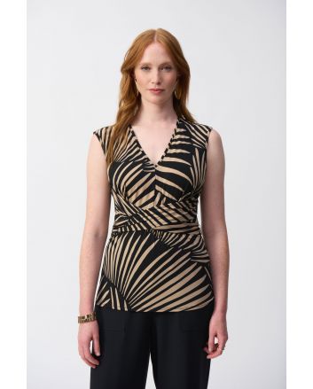 Joseph Ribkoff Black/Dune Silky Knit Tropical Print Fit and Flare Top Style 251171.