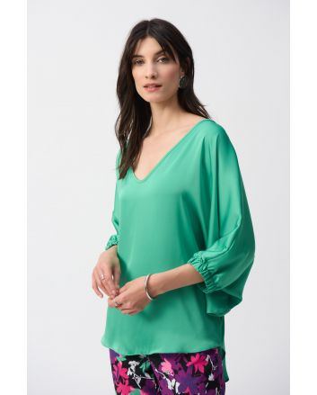 Joseph Ribkoff Garden Green Satin High-Low Boxy Top Style 251191.