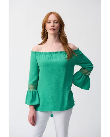 Joseph Ribkoff Garden Green Gauze Off-Shoulder Flared Tunic Style 251194