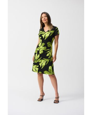 Joseph Ribkoff Black/Multi Silky Knit Tropical Print A-Line Dress Style 251200.