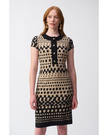 Joseph Ribkoff Black/DuneSilky Knit Geometric Print Shift Dress Style 251207.