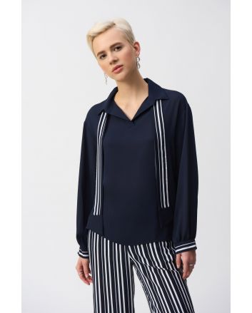 Joseph Ribkoff Midnight Blue/Vanilla Top with Stripe Scarf Style 251212