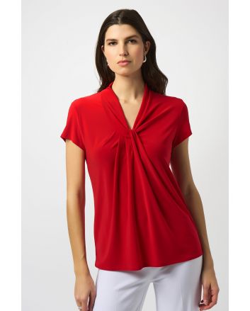 Joseph Ribkoff Radiant Red Silky Knit Draped Neckline Straight Top Style 251230