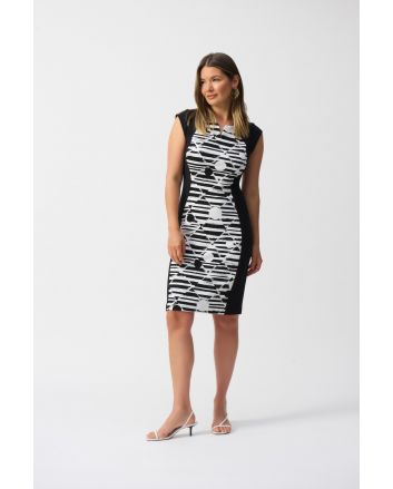 Joseph Ribkoff White/Black Jacquard Geometric Print Sheath Dress Style 251237.