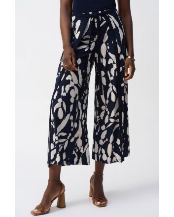 Joseph Ribkoff Midnight Blue/Beige Silky Knit Abstract Print Wide Leg Pants Style 251252