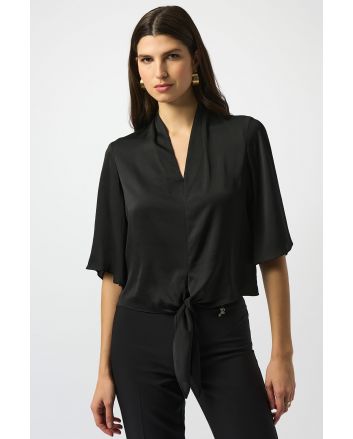 Joseph Ribkoff Black Satin V-Neck Top with Front Tie Style 251253