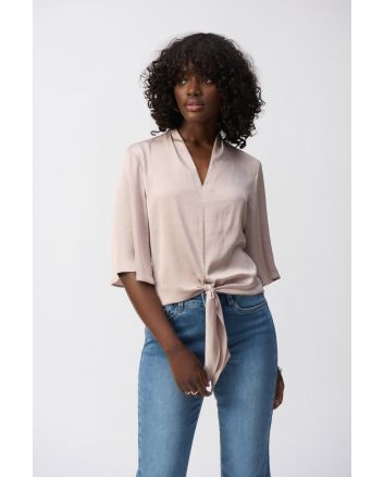 Joseph Ribkoff Parchment Satin V-Neck Top with Front Tie Style 251253