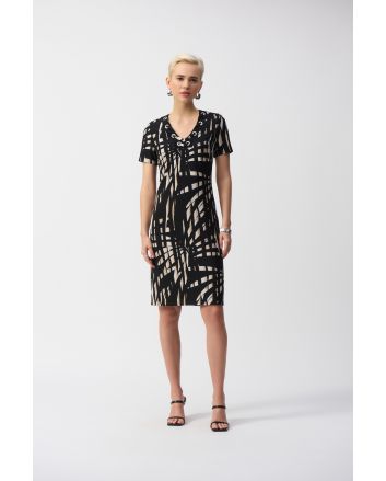 Joseph Ribkoff Black/Multi Silky Knit Tropical Print Shift Dress Style 251266.