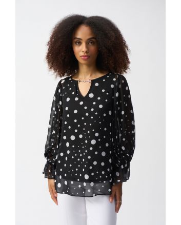 Joseph Ribkoff Black/Vanilla Chiffon Dot Print Boxy Top Style 251277