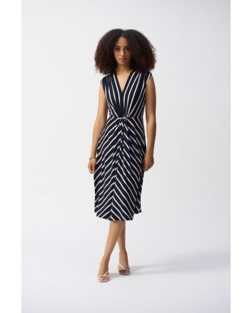 Joseph Ribkoff Midnight Blue/Vanilla Silky Knit Stripe Fit and Flare Dress Style 251295.