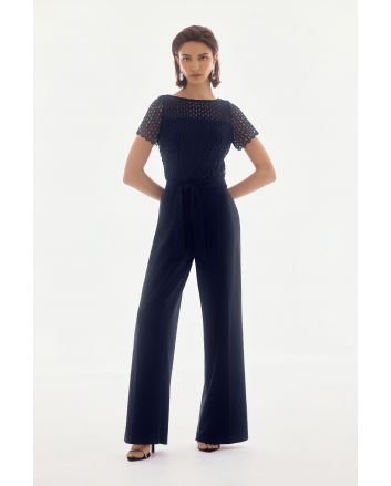 Joseph Ribkoff Midnight Blue Silky Knit And Guipure Wide Leg Jumpsuit Style 251715.