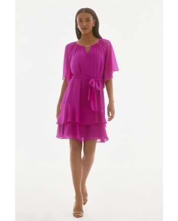 Joseph Ribkoff Purple Orchid Chiffon Belted A-Line Dress Style 251765