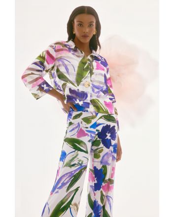 Joseph Ribkoff Off-White/Multi Shadow Stripe Floral Print Trapeze Jacket Style 251776