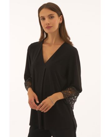 Joseph Ribkoff Black Silky Knit Straight Top With Lace Detail Style 251785.