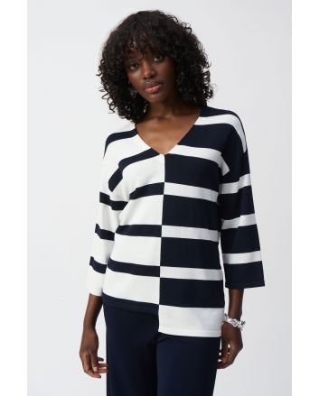 Joseph Ribkoff Midnight Blue/Vanilla Striped V-Neck Pullover Style 251914