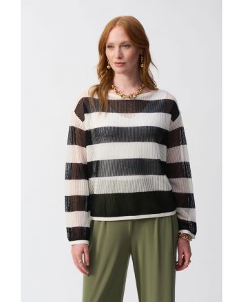 Joseph Ribkoff Vanilla/Black Striped Sweater Knit Pullover Style 251922.