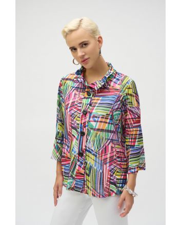 Joseph Ribkoff Black/Multi Jacquard Stripe Patchwork Print Trapeze Jacket Style 252038.