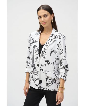 Joseph Ribkoff Vanilla/Black Silky Knit Conversational Print Straight Blazer Style 252042.