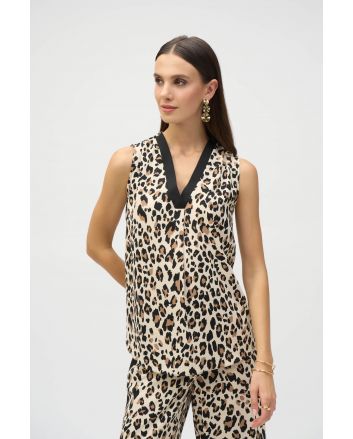 Joseph Ribkoff Beige/Black Animal Print Woven Sleeveless Top Style 252118.