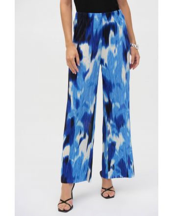 Joseph Ribkoff Blue/Vanilla Pleated Novelty Tropical Print Wide-Leg Pants Style 252138.