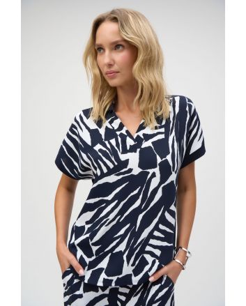 Joseph Ribkoff Vanilla/Midnight Blue Silky Knit Abstact Print Boxy Top Style 252146.