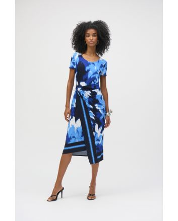 Joseph Ribkoff Blue/Vanilla Silky Knit Tropical Print Sheath Dress Style 252179.