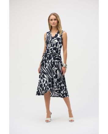 Joseph Ribkoff Vanilla/Midnight Blue Silky Knit Abstract Print Fit and Flare Dress Style 252199.