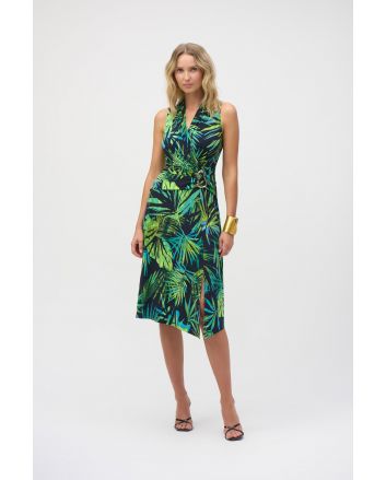 Joseph Ribkoff Midnight Blue/Multi Silky Knit Tropical Print Fit and Flare Dress Style 252203.