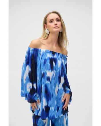 Joseph Ribkoff Blue/Vanilla Pleated Novelty Tropical Print Off-Shoulder Top Style 252227.