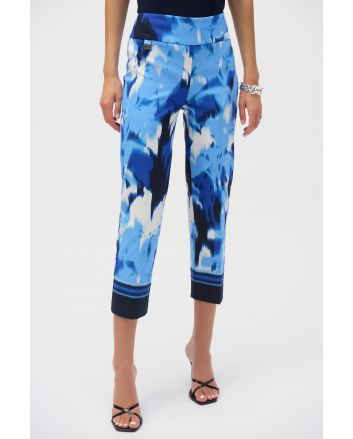 Joseph Ribkoff Blue/Vanilla Millennium Tropical Print Cropped Pull-On Pants Style 252229.