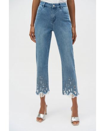 Joseph Ribkoff Denim Medium Blue Stretch Straight Crop Jeans with Embroidery Style 252910