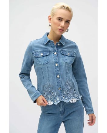 Joseph Ribkoff Denim Medium Blue Stretch Denim Jacket With Embroidery Style 252911.